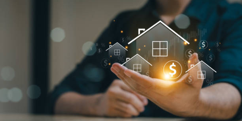 Real estate concept business, home insurance and real estate protection. Real estate investment concept. Buy and sell houses and real estate online on a virtual screen.